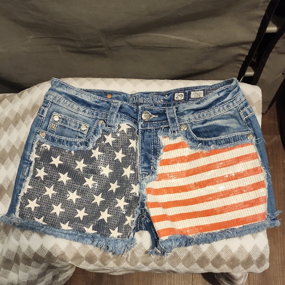 Miss Me American Flag Jean Shorts with Distressed Hem